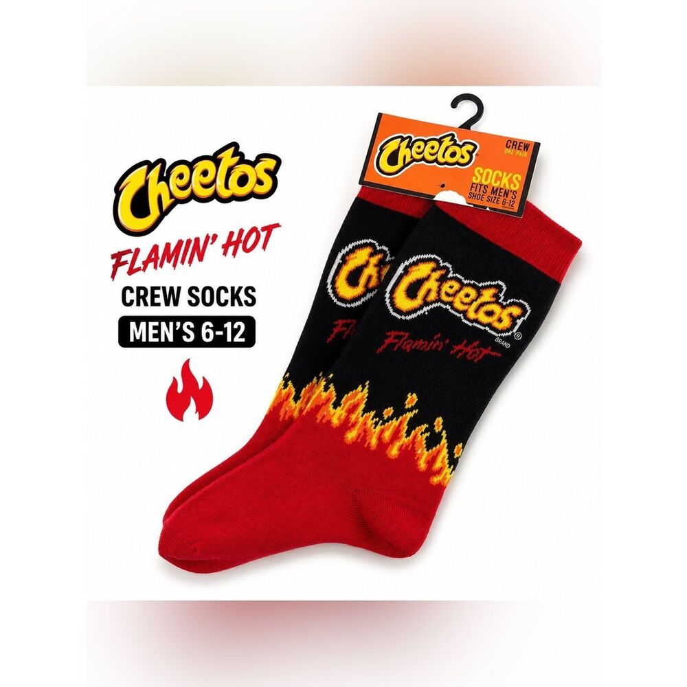 Cheetos Flamin Hot Crew Socks Red Black Graphic Novelty Unisex Men 6-12